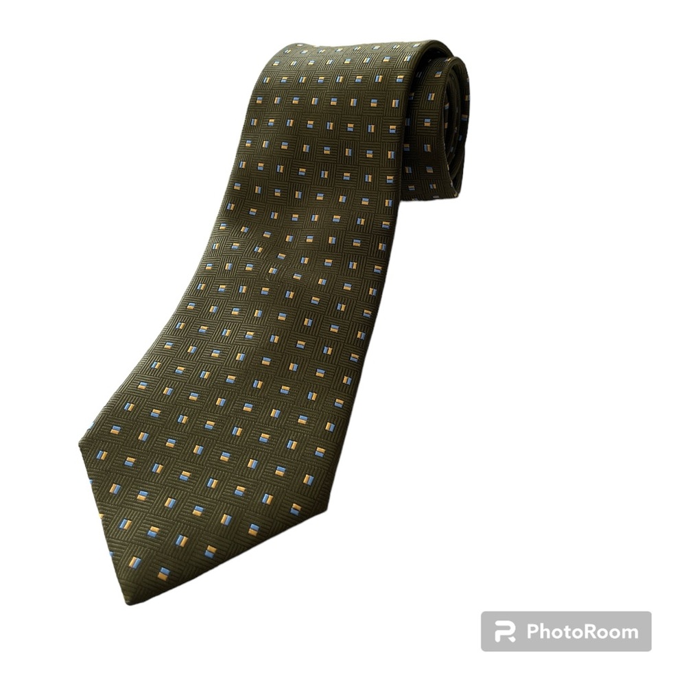 Brooks brothers stain, resistant silk tie, olive green,  blue and peach